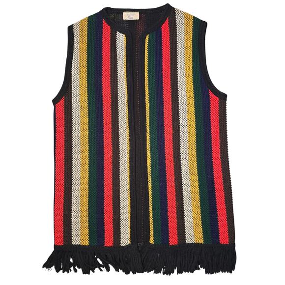 VTG Sears Knit Vest 60s 70s Colorful Stipe Hippie Boho Woodstock Festival Fringe - Picture 1 of 7